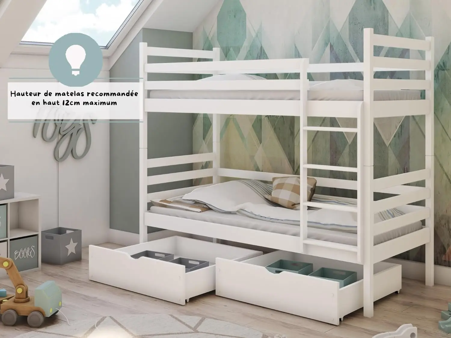 Loft Bed 90 X 200 cm with 2 Drawers, Bunk Bed with Fall Protection and Slatted Base, Transformable Into Two Beds for Children
