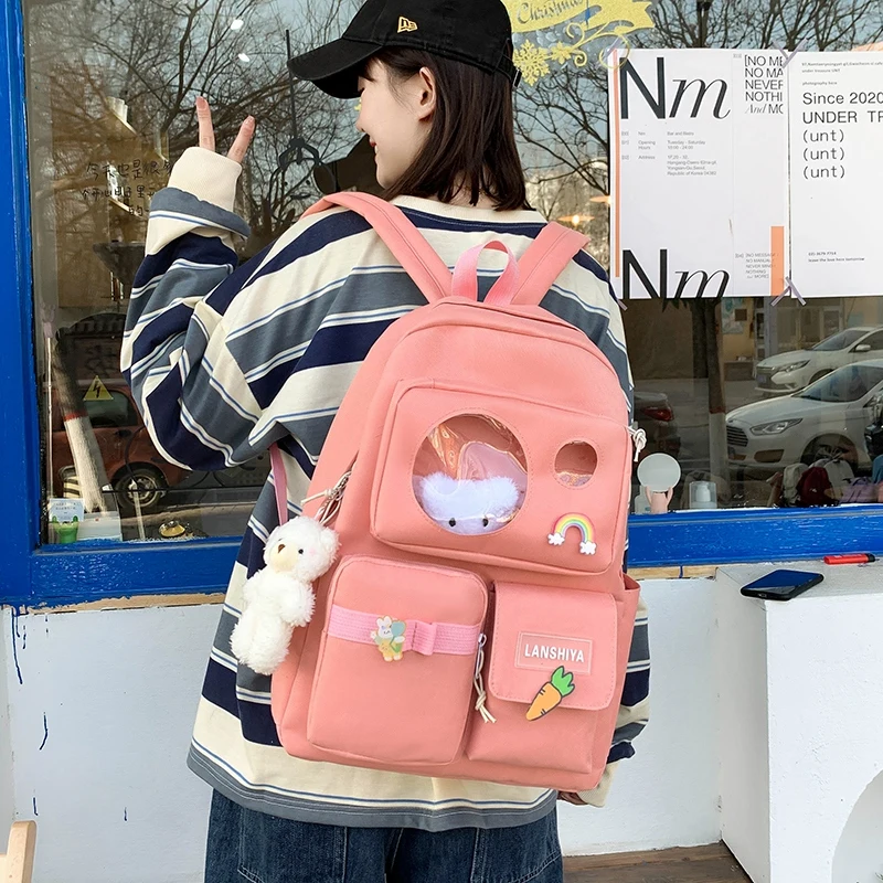 Custom logo canvas multiple pocket student tote kids college 5pcs Set side bags girls backpack for teenagers