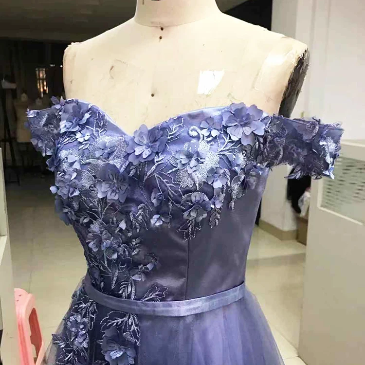 Graceful one shoulder tulle appliques purple elegant embroidery evening dresses for party