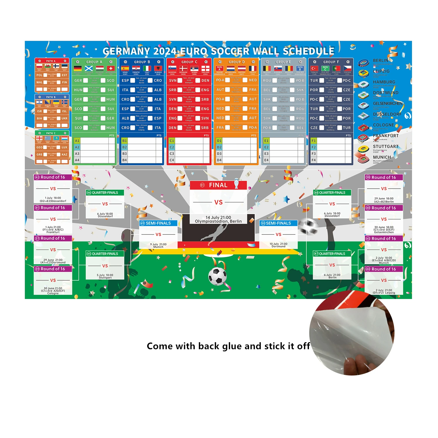 Germany Euro 2024 football wall chart schedule Poster Home office calendar Bar decor Germany  EURO Football SOCCER WALL SCHEDULE