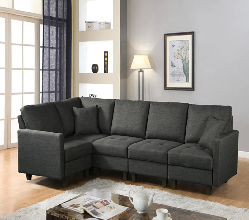 5 seater l shaped corner grey wooden fabric living room sofa set designs price