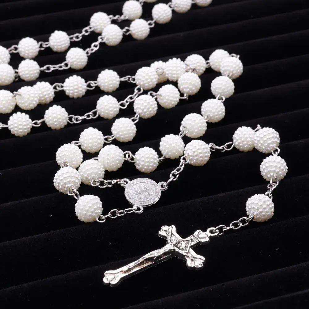 JC Wholesale 10mm Christian Plastic beads Pearl rosary Cross necklace Wedding prayer beads