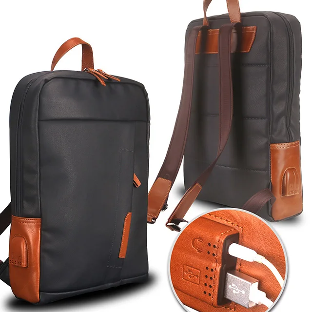 
Custom canvas genuine leather waterproof Mobile USB rechargeable for men laptop backpacks 