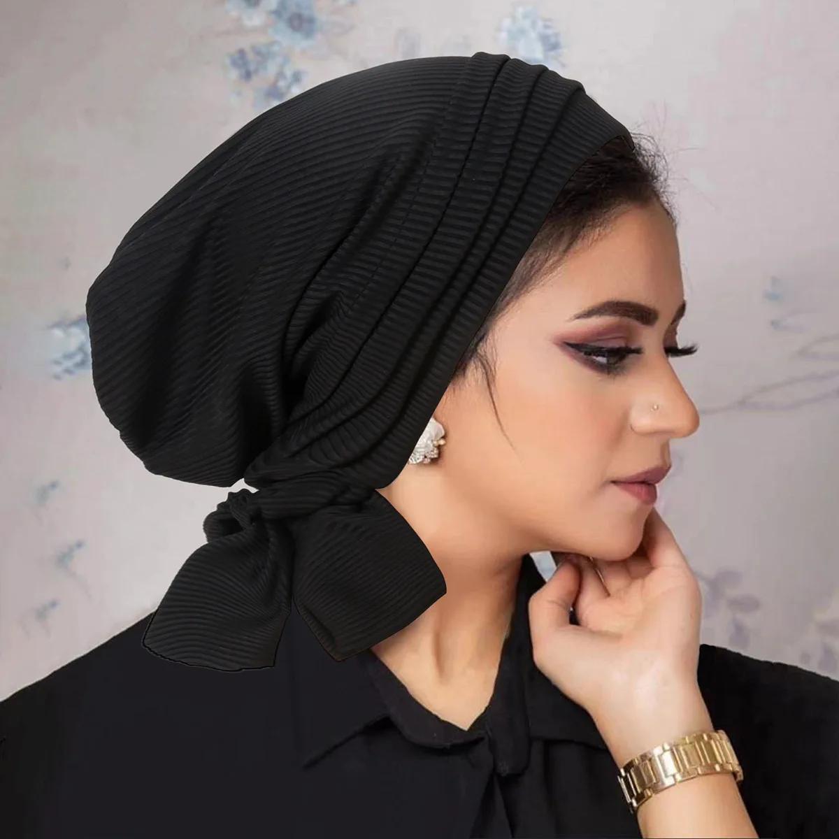 HZM-24026 Ethnic Style Muslim Solid Color Stretchy Turban Hats Head Cover Chemo Head Wraps Hat For Women Girls
