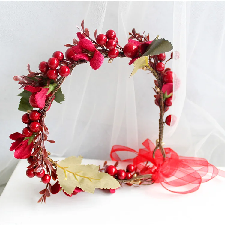 2905E custom red floral crown red berry hair ring party festival flower headband christmas crown