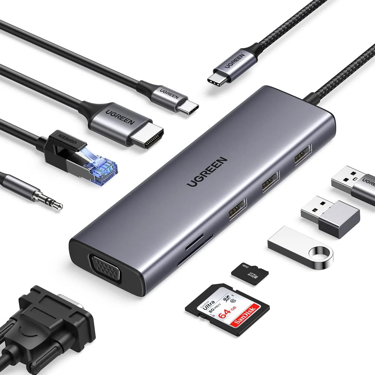 USB-концентратор, USB-C ключ 10 в 1 с двойным монитором 4K-HDMI и VGA, Ethernet 1 Гбит/с, 100 Вт PD,3 порта USB 3,0, аудиоразъем 3,5 мм
