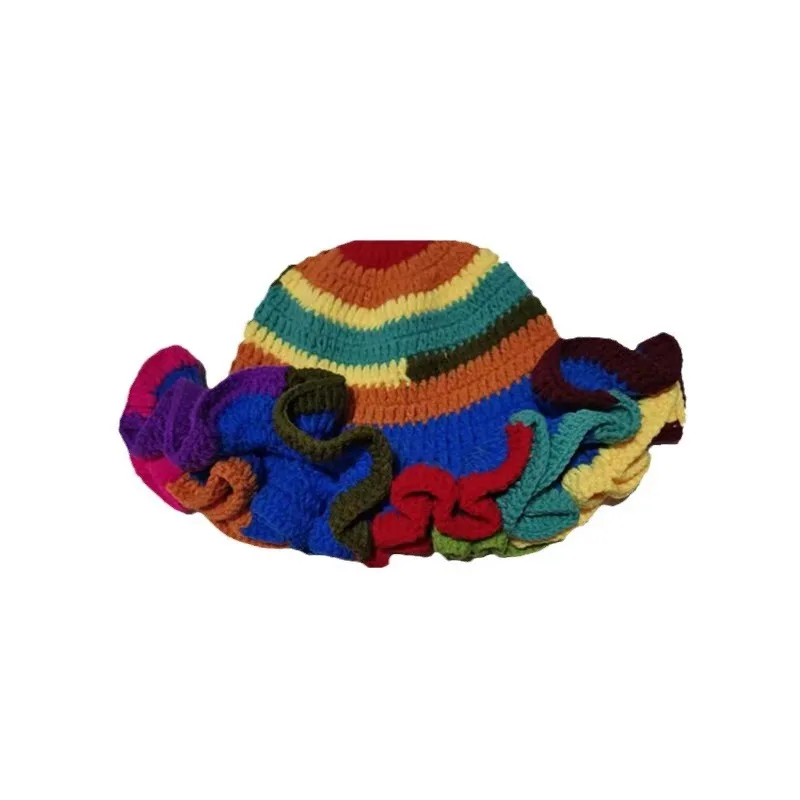 Women Crochet Bucket Hats Fashion Knit Soft Fluffy Chunky Multicolor Crochet Pleated Ruffles Knitted Hat
