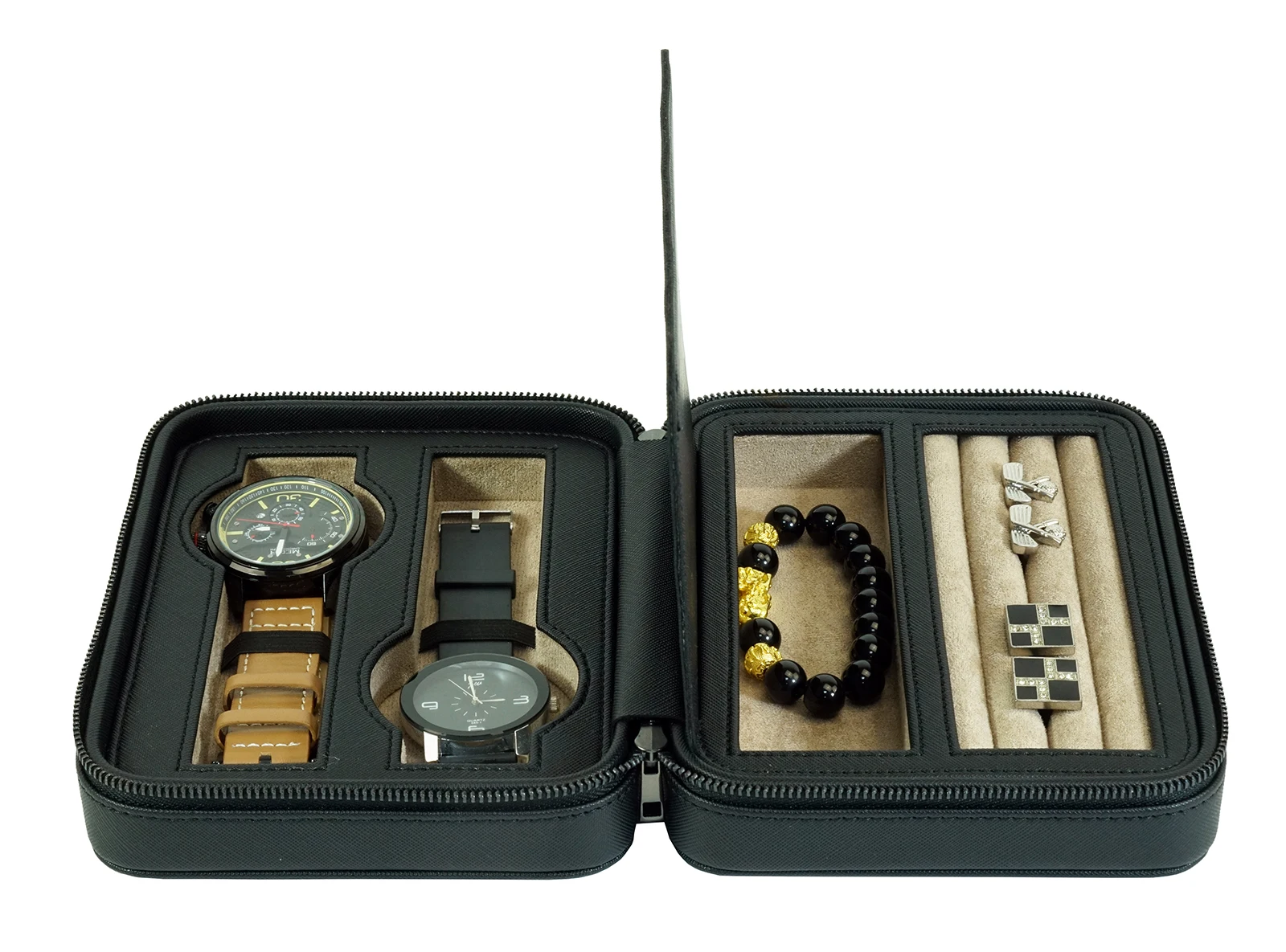 Sonny Custom Black Leather Travel Jewelry Box Case for Watch Cufflink Bracelet