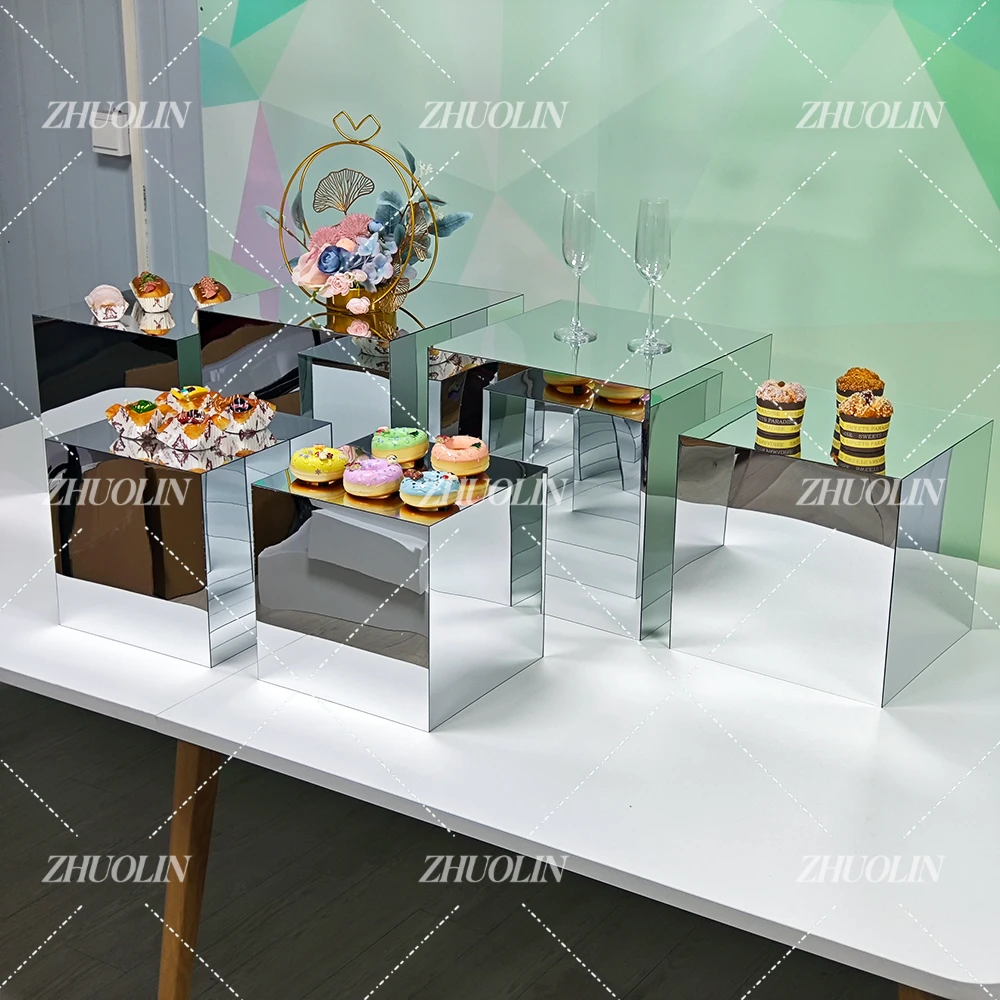6PCS set large square cube table setting up food cupcake serving display shelf silver mirror plinths box acrylic buffet riser