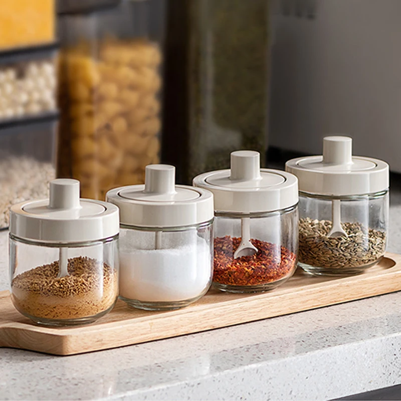 Custom 300ml Food Grade Moisture Proof Seasoning Glass Spice Jar Set Kitchen Round Clear Condiment Bottle With Spoon