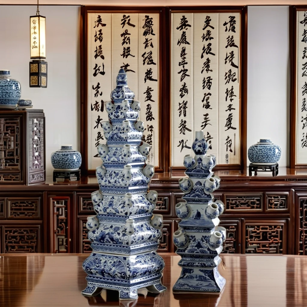 Antique Traditional Blue White Chinese Pagoda Mold Tulip Vase Hand-Painted Clay for Home Decorative Tabletop Christmas Vase