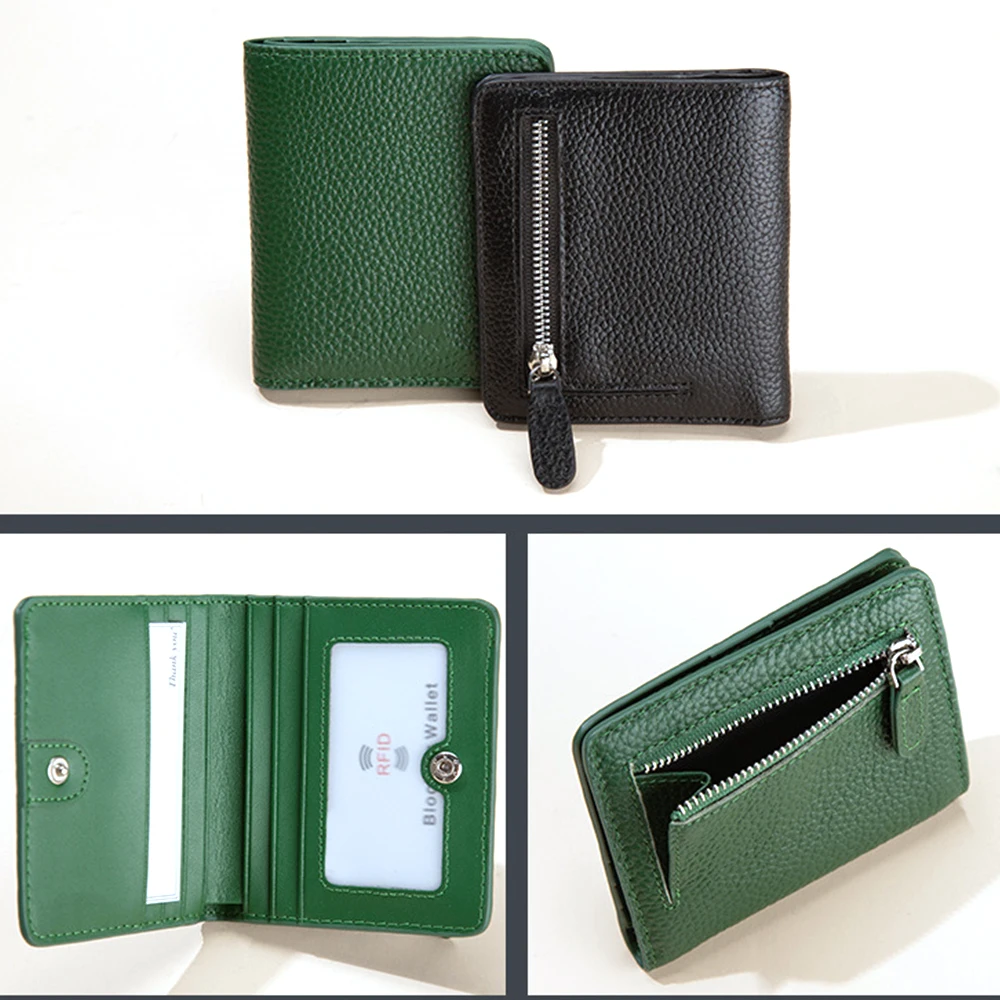 In Stock Multi-Slots RFID Genuine Leather Card Holder Wallets with Zip Pocket Anti-Theft Short-Length Bifold Card Wallet