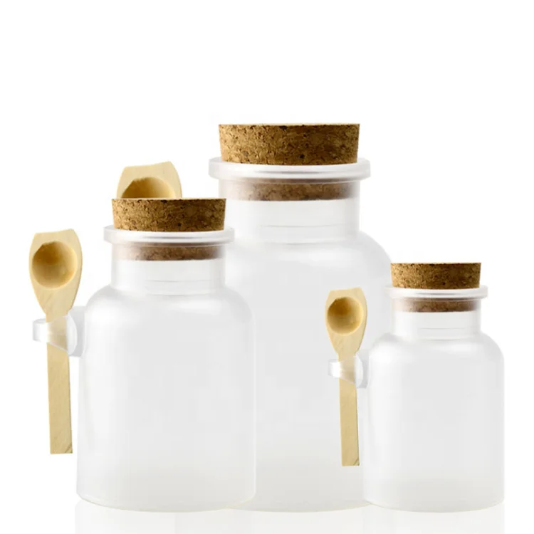
100ml 200ml 300ml 500ml ABS clear frosted plastic bath salt bottle with wooden cork and spoon powder container 