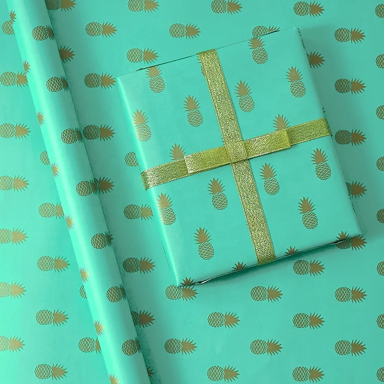 
All Occasion Custom Printing Gold Foil Pineapple, Blue Wrapping Paper Roll for Gift Packaging 