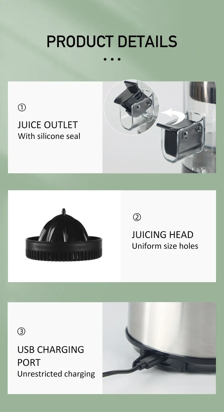 USB Rechargeable Electric Citrus Juicer Stainless Steel Base Slow Juicer Fruits Juices Smoothies Kitchen Outdoor Car Hotel Use
