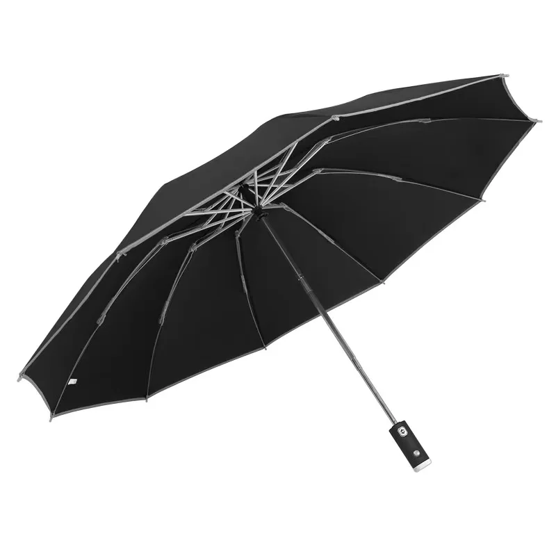 Three fold button innovative solar umbrella with reflective strip to automatic open and close LED light reverse rain umbrella