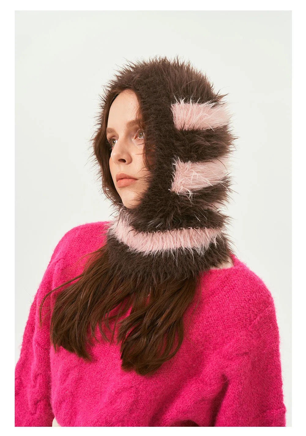 Hot Sale Women Ladies Knitted Nylon Balaclava Striped Faux Fur Beanie Hat for Winter