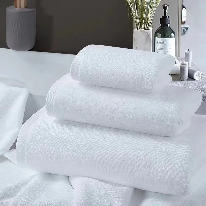 Luxury 32s 100% Cotton Pure White Hotel Terry Bath Towels Custom Logo Cotton Towel Sets