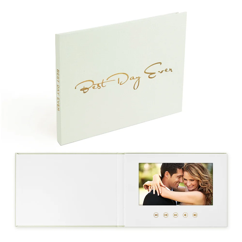New Design Luxury Custom Wedding Invitation Card 7 Inch Linens Hardcover Wedding Video Brochure Gold Leaf Video Memory Book