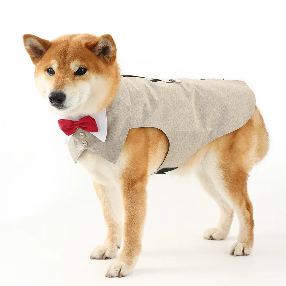 Wholesale Four-Color Linen Dog Suit Waistcoat Dress New Cross-Border Pet Tuxedo with Saliva Towel Two-Piece Clothing