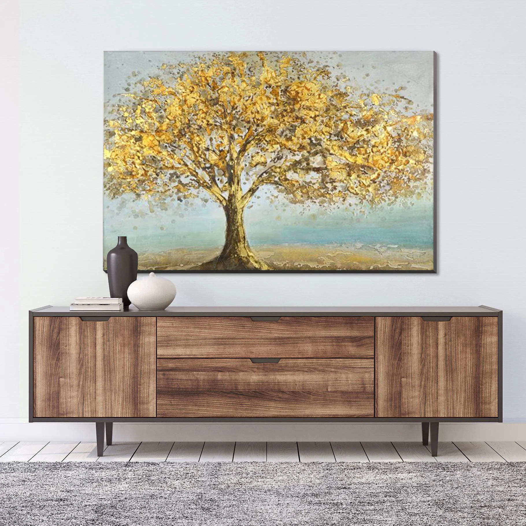Hand painted abstract oil painting gold tree hanging painting modern gold leaf decorative painting