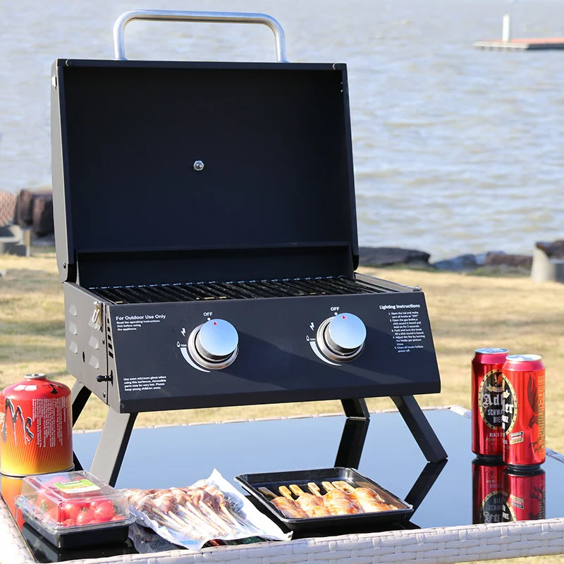 Black Portable Propane Gas Grill Arbecue Grill with 2 Burners for Outdoor Cooking Camping