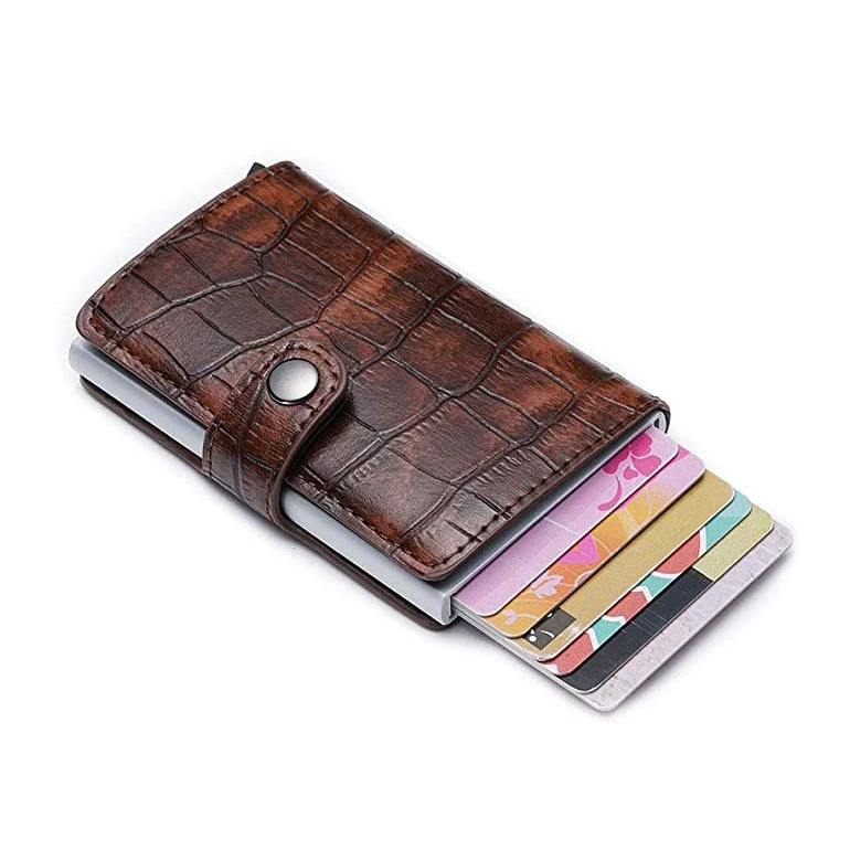 Custom RFID Blocking Slim  Aluminum Business Card Holder Designer Leather Crocodile Pattern Pop Up Card Case
