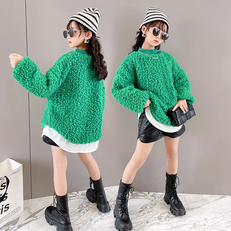 2024 Children Clothes Autumn Spring Long Sleeve Lambswool Solid Color Casual Teenagers Girls Hoodies