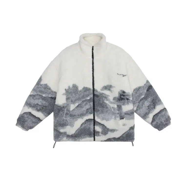 Tie-Dye Sherpa Jacket Mens Streetwear Loose Stand Collar Quilted Jackets Winter Casual Fleece Men