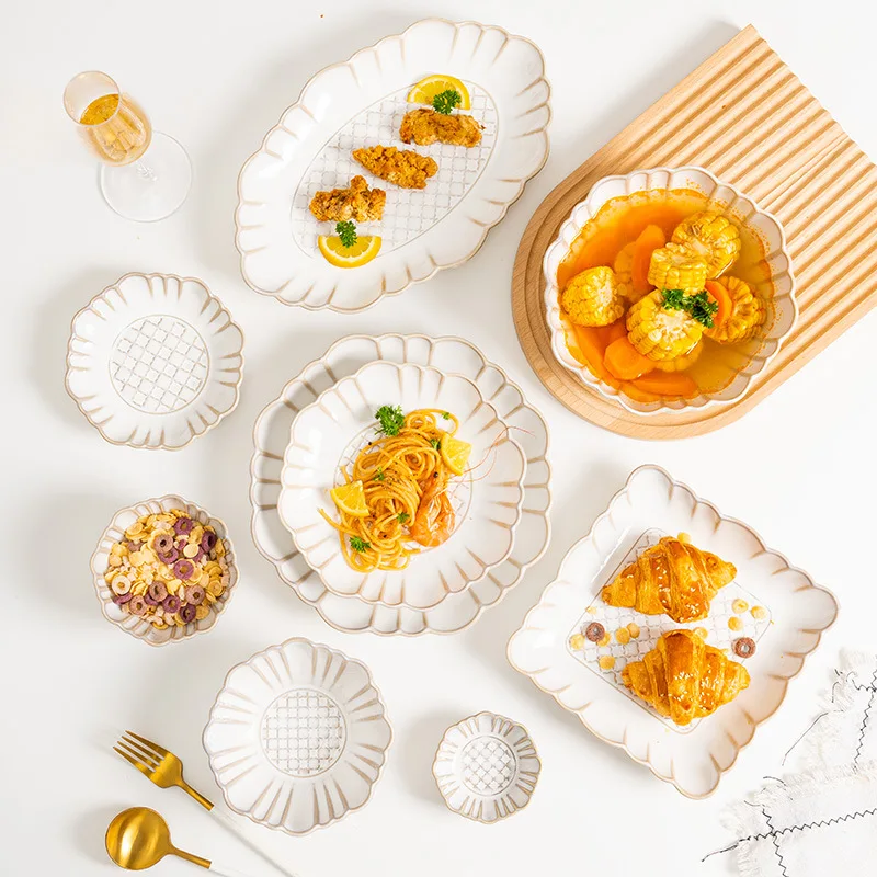 High Quality Relief Design Wholesale Tableware Ceramic Bowl Dishes Saucer Fish Plates Set Dinnerware for Hotel and Restaurant