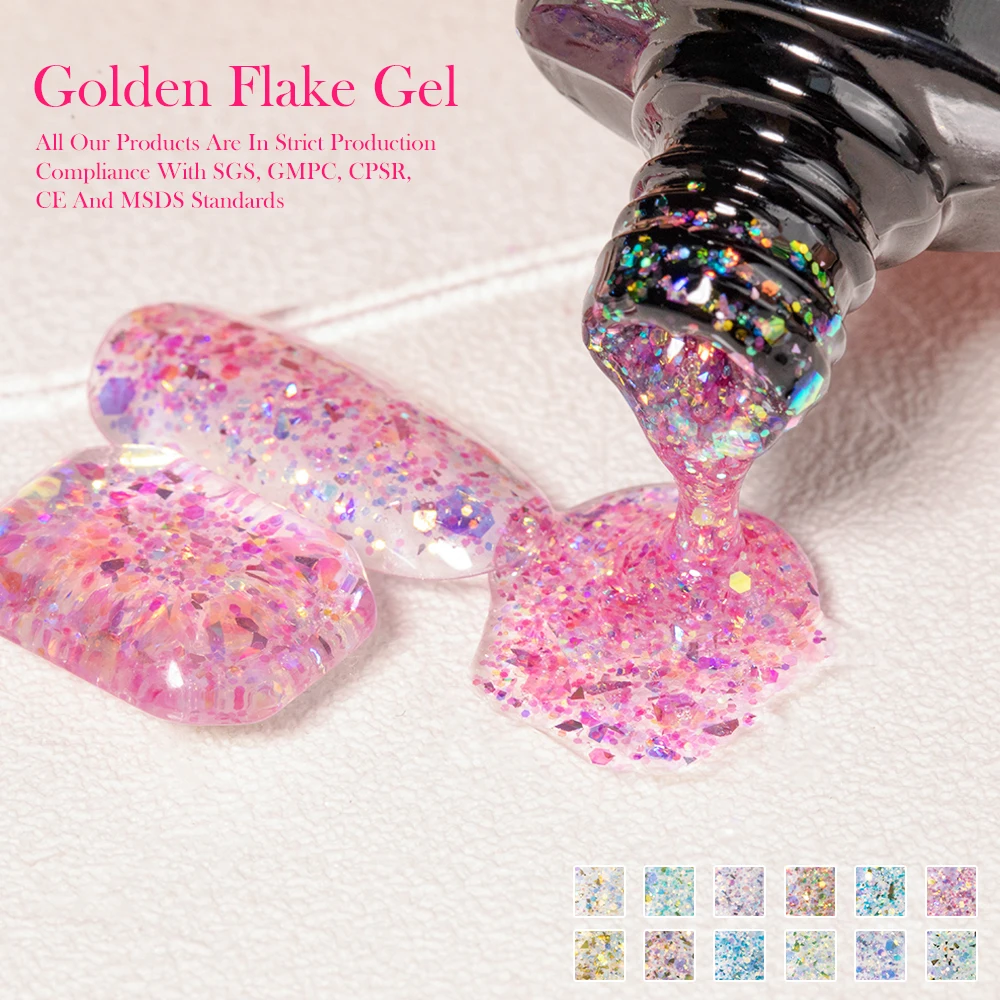 Factory Price OEM Golden Light Color Flake Gel Thick Cover Nail Gel Polish