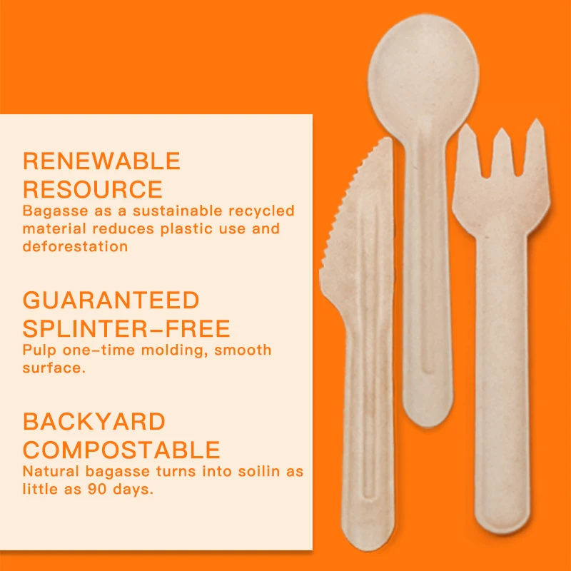Custom Wholesale Travel Flatware Sets for Wedding Sugarcane Bagasse Disposable Biodegradable Eco Paper Pulp Compostable Cutlery