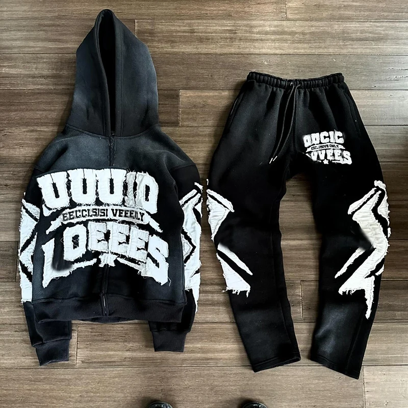 YSJY Custom Zip Up Sweatsuit Manufacturer Distress Patch Acid Wash Hoodie And Sweatpants Set Flared Tracksuit For Men