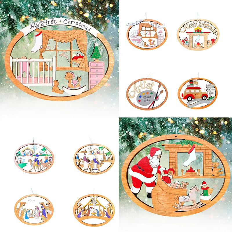 2023 Personalized Christmas Tree Pendant Round Hollow Wooden Hanging for Home Christmas Ornament