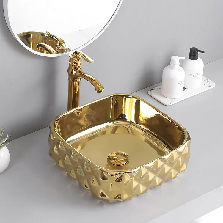 Luxury Modern Ceramic Rectangular Bathroom Wash Gold Vanity Farmhouse WC Sink Cement White Hotel Salon Home Washroom Mount Basin