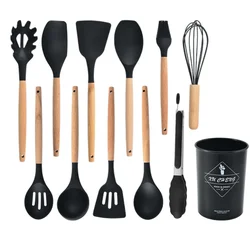 12Pcs Colorful Silicone Tongs Camping Kitchenware Cookware Cooking Tools Kitchen Accessories Utensils Set With Wooden Handle