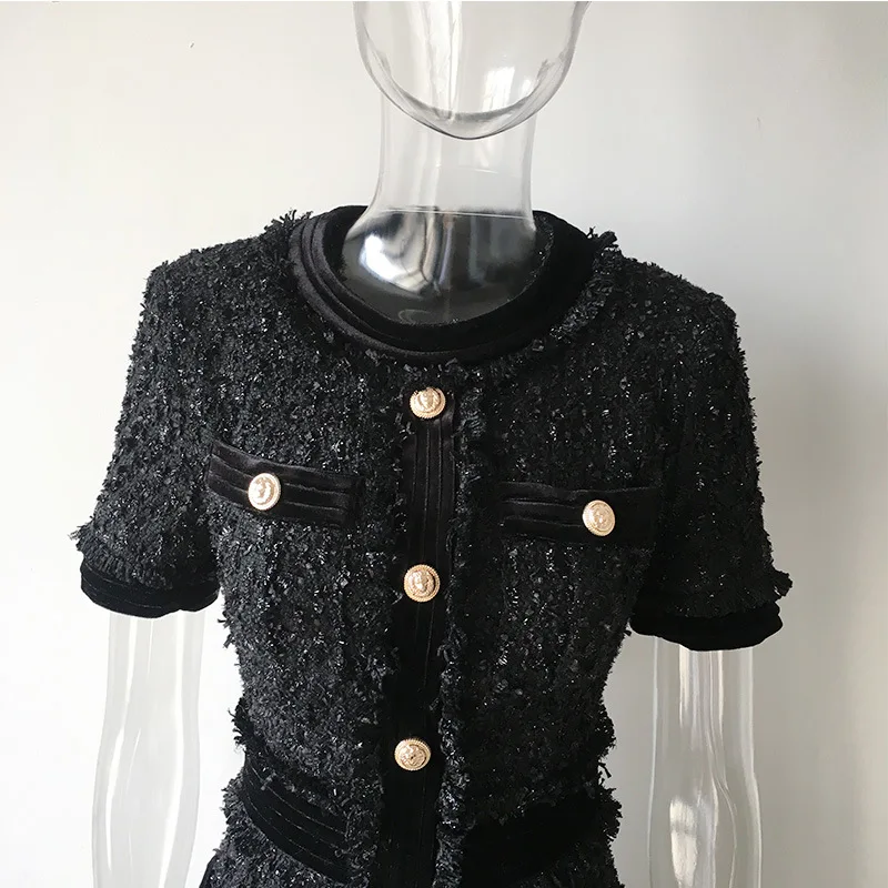 Luxurious Designing Elegant Lady Short Sleeve Buttons Bling Bling Black Thick Tweed Short Sheath Casual Women Dress