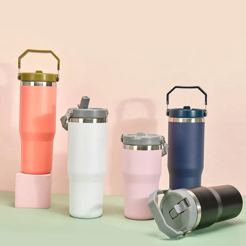 Travel Mug Insulated Water Tumbler with Straw Handle -Stainless Steel Leak-Proof Bottle Fits Cup Holders for Hot Cold Drinks