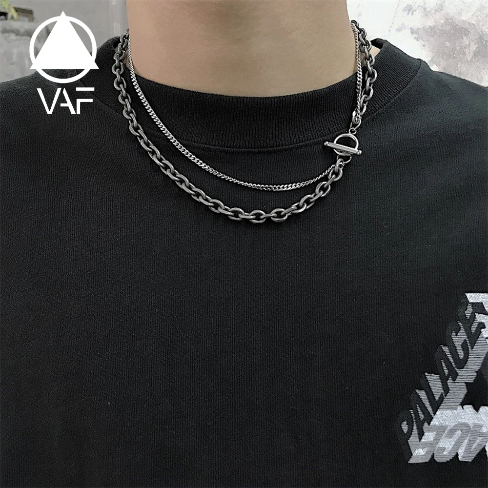 VAF IO Multi Double Layer Dark Silver Necklace Stainless Steel Choker Chain Necklace For Men