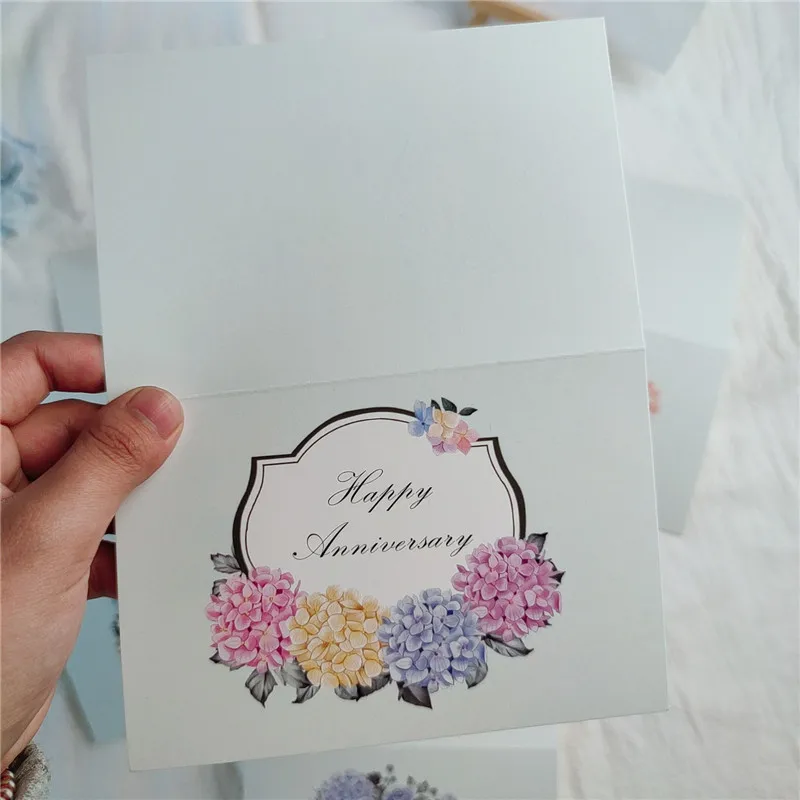 6PCS Blessing Card Envelope Set Green Leaves Hydrangea Wreath Decorating Anniversary Greeting Cards
