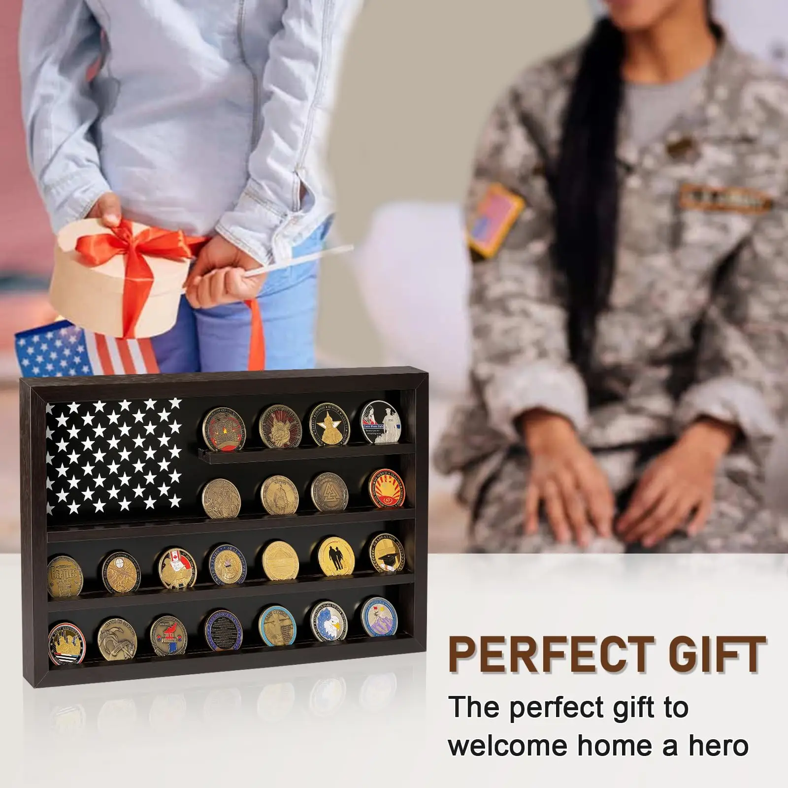 Military Challenge Coins Display Case Holder with American Flag Holds 40 Coins  Wooden Coin Stand Rack with Border