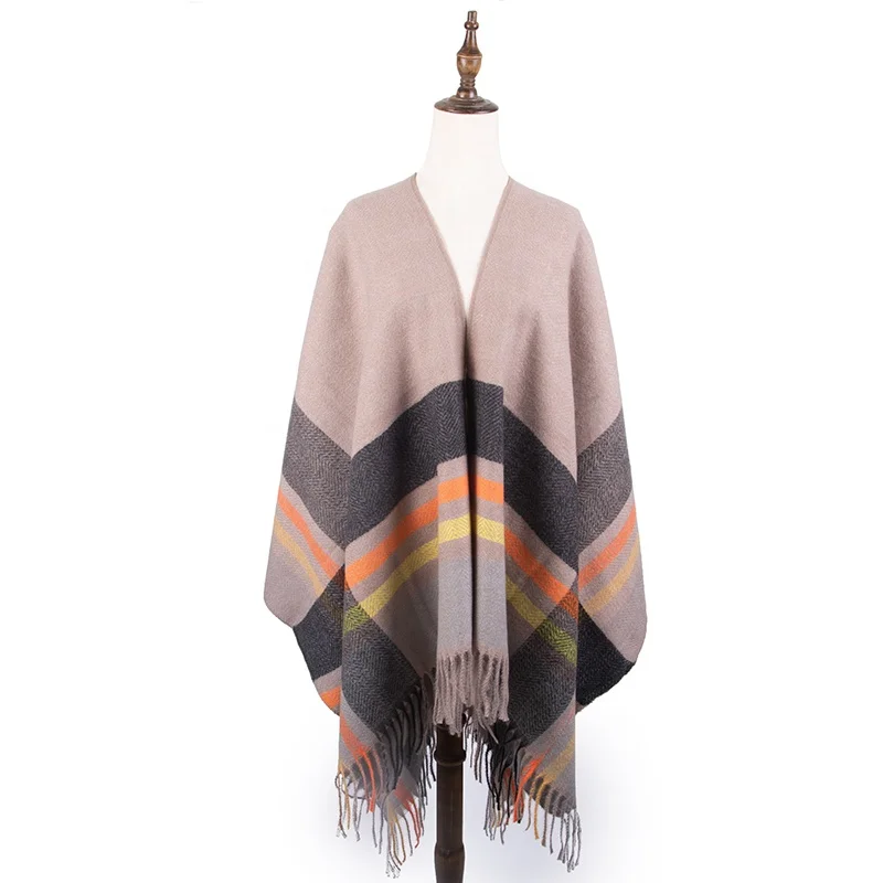 Al Por Mayor A Granel Geometric Invierno Warm Thick Shawls Long Tassel Poncho Women  Shawl