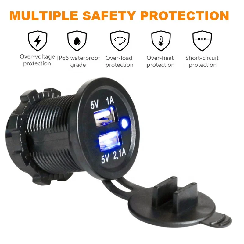 Truck Bike Waterproof LED Light Ring 3.1A Dual Port Socket Mobile Phone USB Car Charger