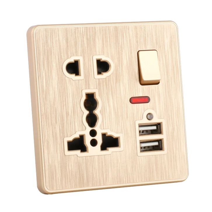 High quality Universal  13A 250V Home Power Outlet  Double USB Port With Gold Drawing Electrical Switch Socket