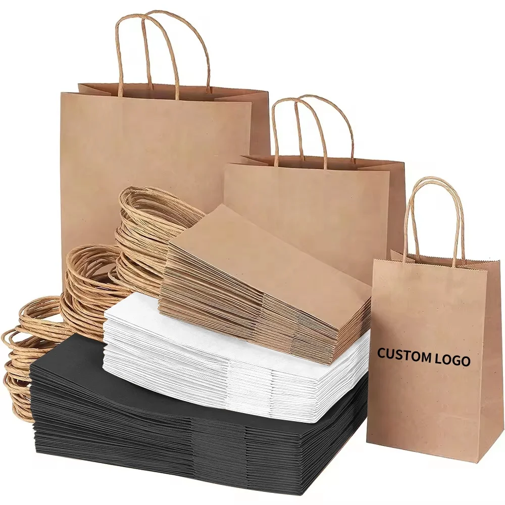 ECO friendly Recyclable Custom logo black white Printing wholesale shopping gift Brown craft Kraft Paper Bag with Handles