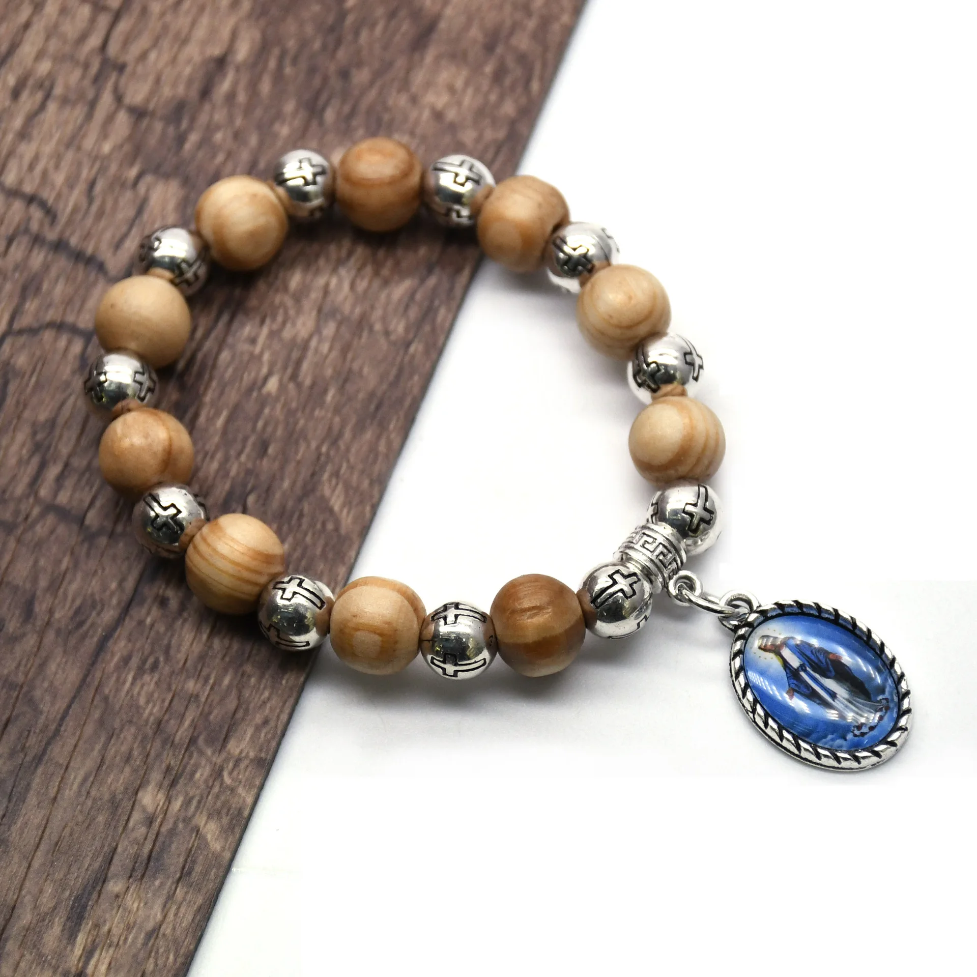 2022 New Design Wooden Bead Macrame Cross  Wood Beads Catholic Rosary Bracelet