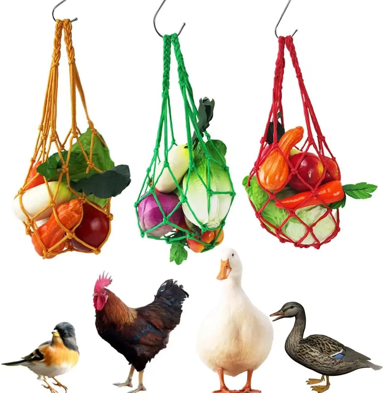 Chicken Vegetable Fruit Hanging Feeder, 5Pcs Reusable Chicken Vegetable String Bag, Chicken Coop Toys