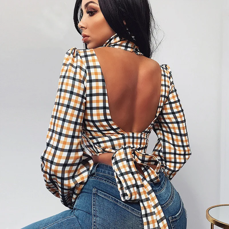 Womens Clothing Fashion Plaid Bandage Long Sleeve Shirt Women Slim Short Blouse