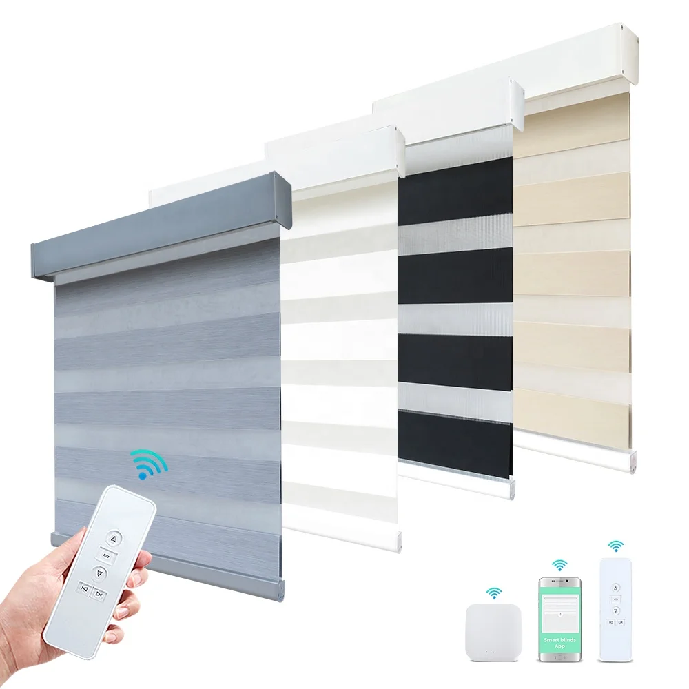 Design Double Blackout Material Powered Remote Control System Alexa Wifi Motorized Zebra Blinds For Window Made In China