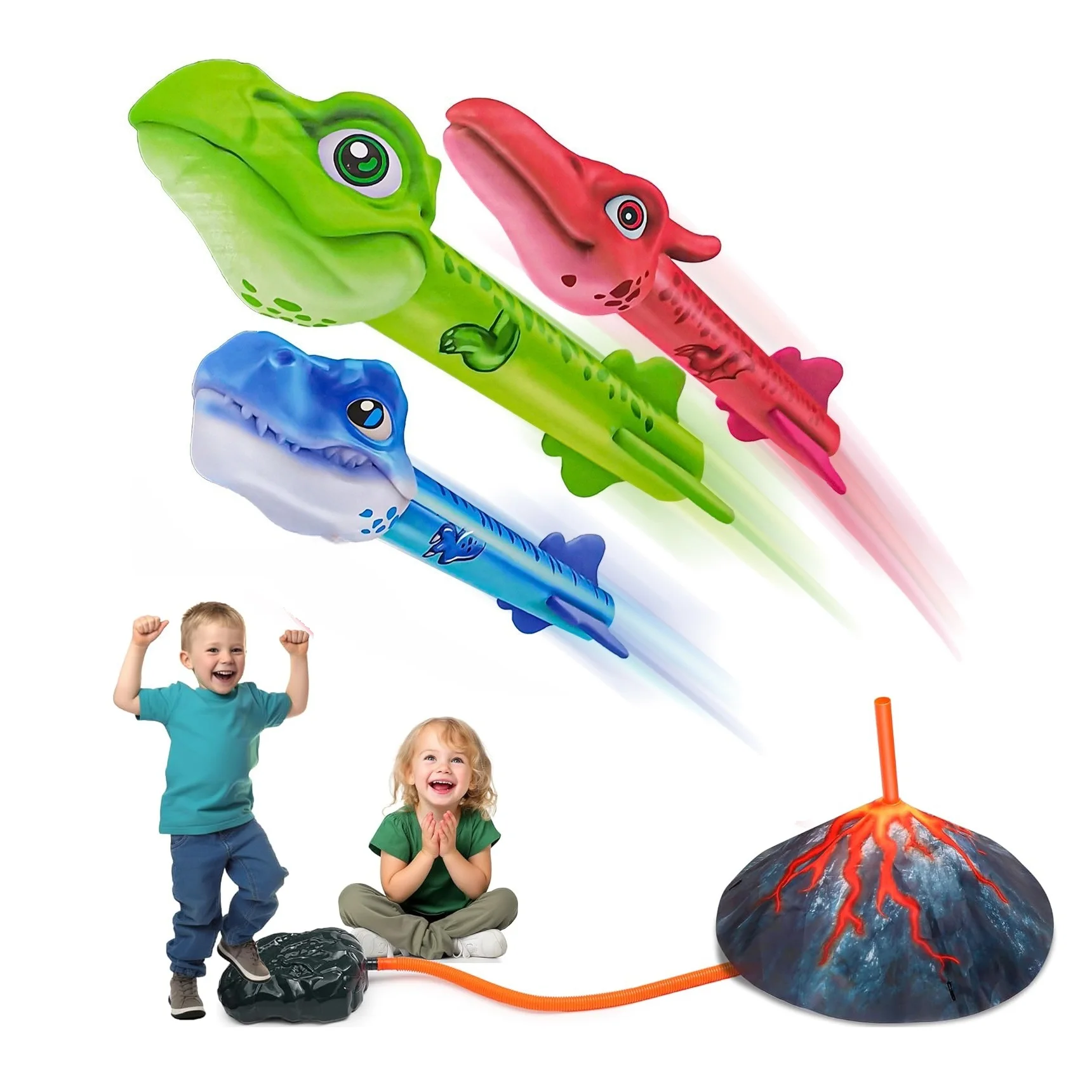 Kids Rocket Launcher Toy for Kids with 3 Foam Dinosaurs Stomp Rocket Launch Pad Summer Outdoor Toy Sports Games